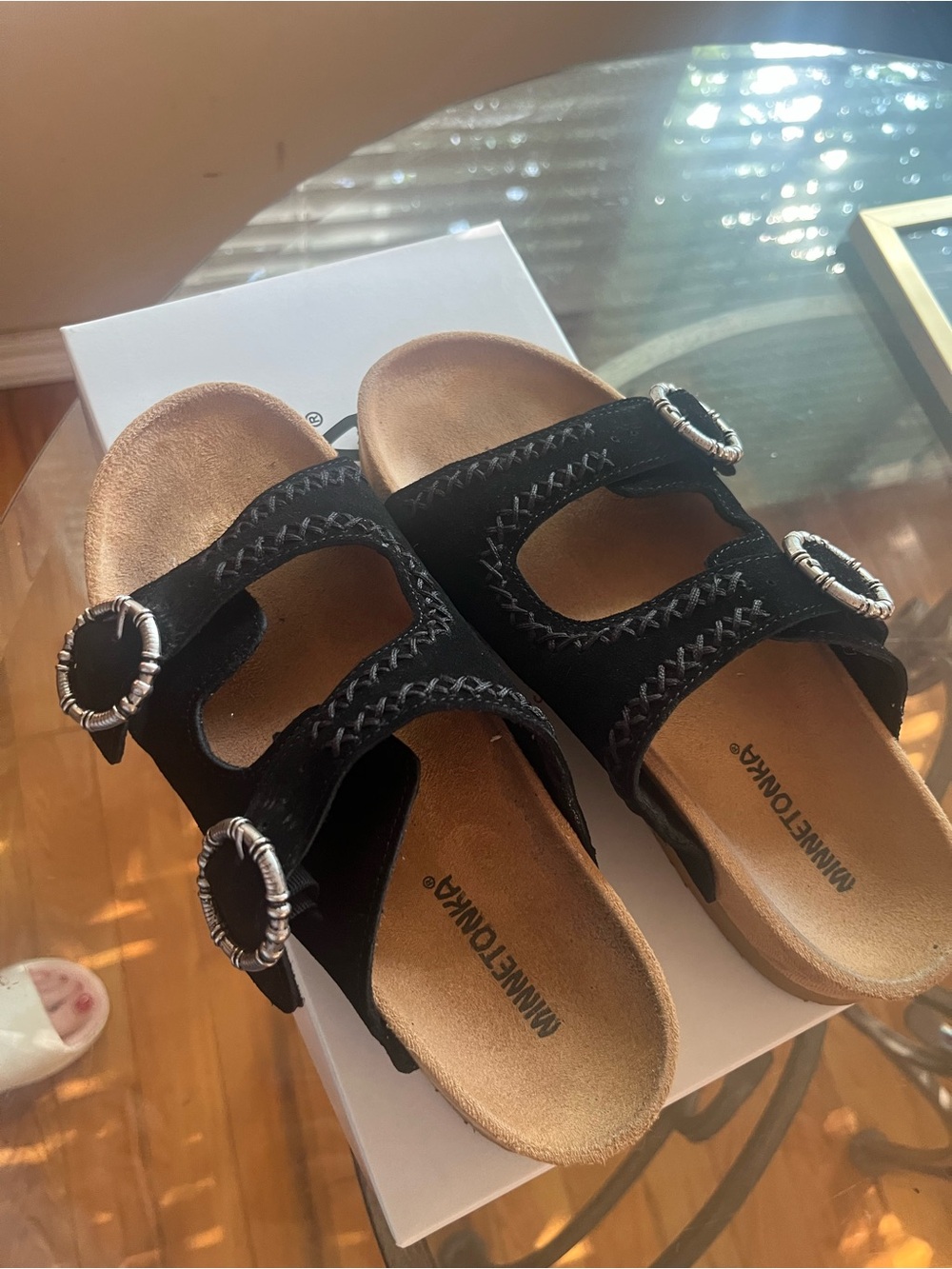 Minnetonka Kids Black Double-Buckle Slide Sandals with Silver Buckles